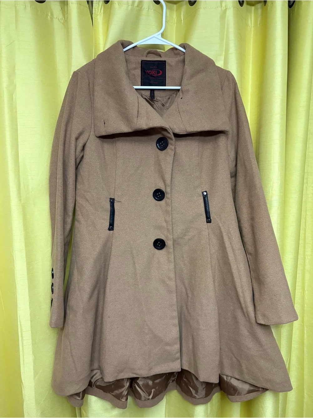 Yoki Camel A-Line Pea Coat with Button Front